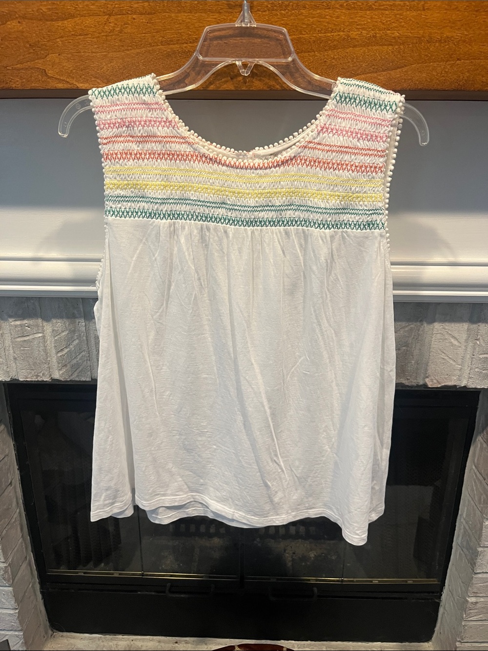 LOFT White Tank Top with Pink, Yellow & Green Smocked Yoke